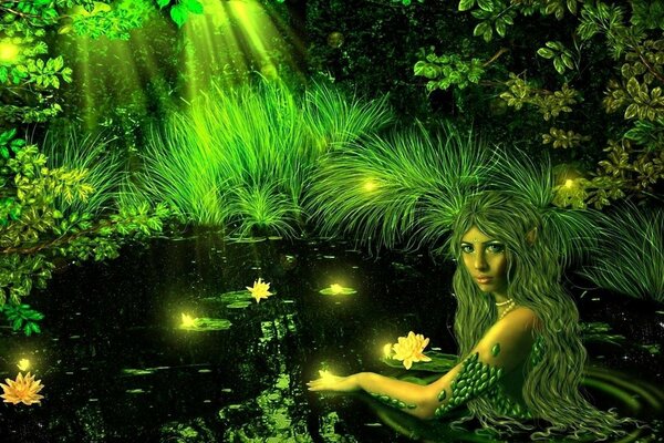 الساحرة تستحم في بحيرة الحديقة