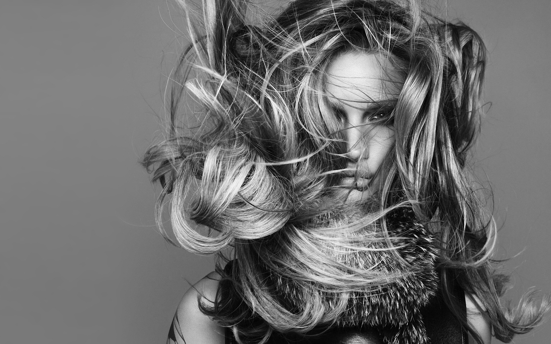 صورة أحادية اللون فتاة نموذج موضة الشعر امرأة جميلة الكبار تصفيفة الشعر الرياح بريق مثير الوجه واحد استوديو نمط