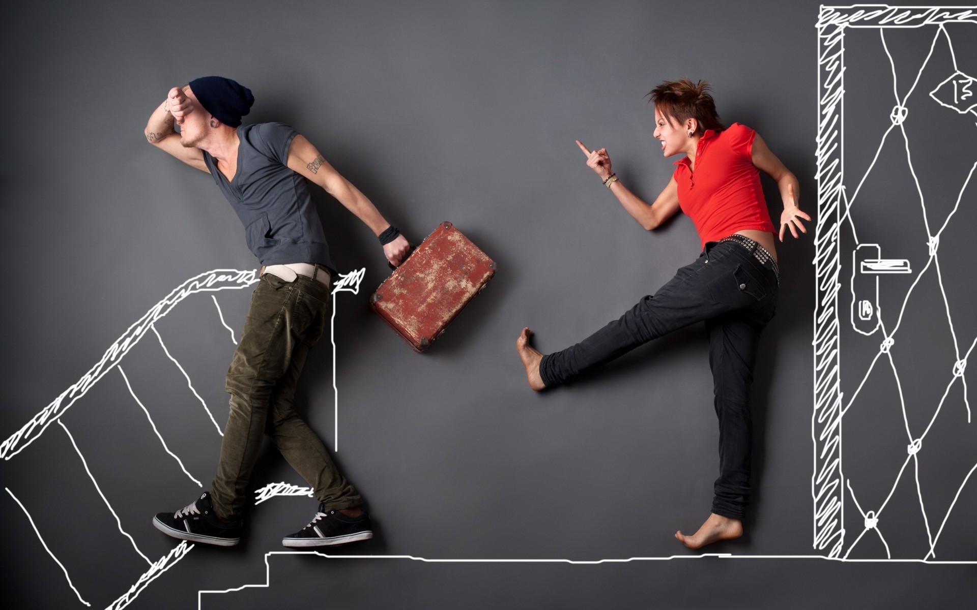 رجل خطر زوجين الحب العلاقة مضحك على الرسم الجدار