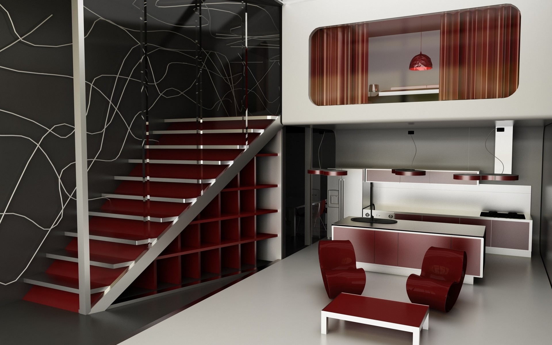 داخل في الداخل الجرف غرفة الحديثة والأثاث الحديثة والنوافذ والأسرة فارغة شقة الفاخرة والأعمال التجارية منزل والتصميم الداخلي المطبخ والكراسي وتصميم المنزل