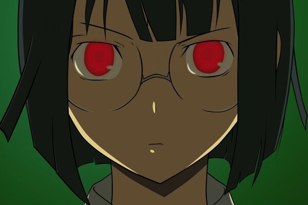 رسم فتاة أنيمي بعيون حمراء كبيرة على خلفية خضراء